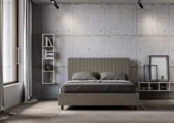 Letto 140x190cm contenitore francese con testiera a quadretti in similpelle cappuccino LIT306