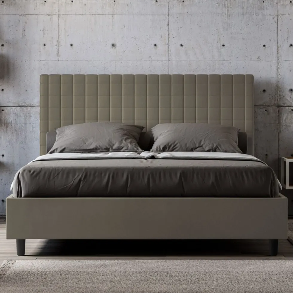 Letto 140x190cm contenitore francese con testiera a quadretti in similpelle cappuccino LIT306