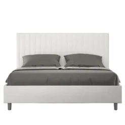 Letto 140x190cm contenitore francese con testiera a quadretti in similpelle bianco LIT306