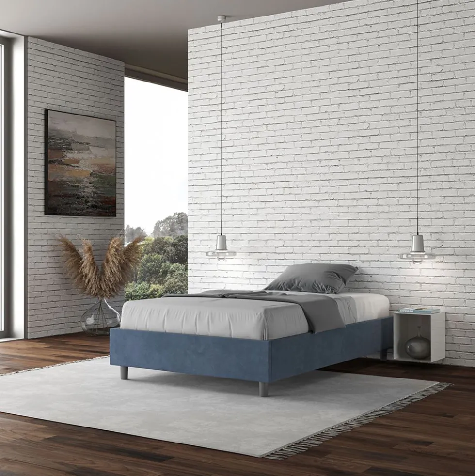 Letto 140x210cm contenitore francese sommier in microfibra blu LIT268