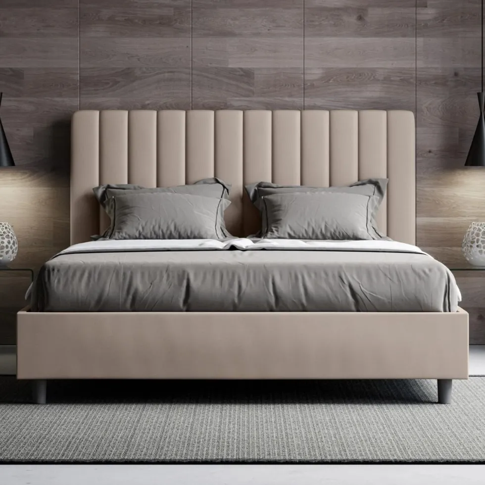 Letto 140x200cm contenitore francese con testiera trapuntata in similpelle tortora LIT328