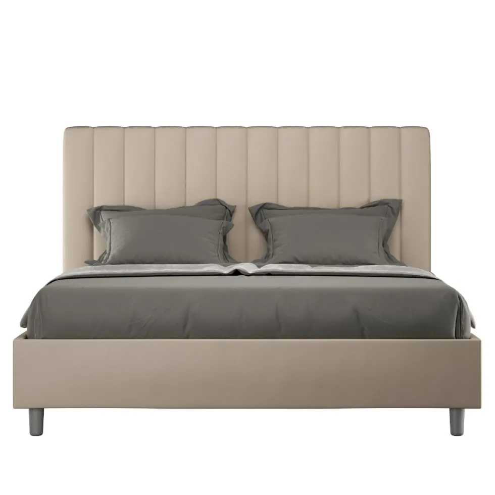 Letto 140x200cm contenitore francese con testiera trapuntata in similpelle tortora LIT328