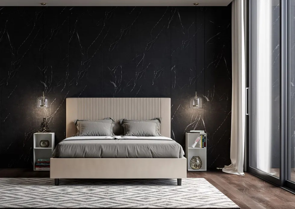 Letto 140x200cm contenitore francese con testiera a linee verticali tortora LIT320