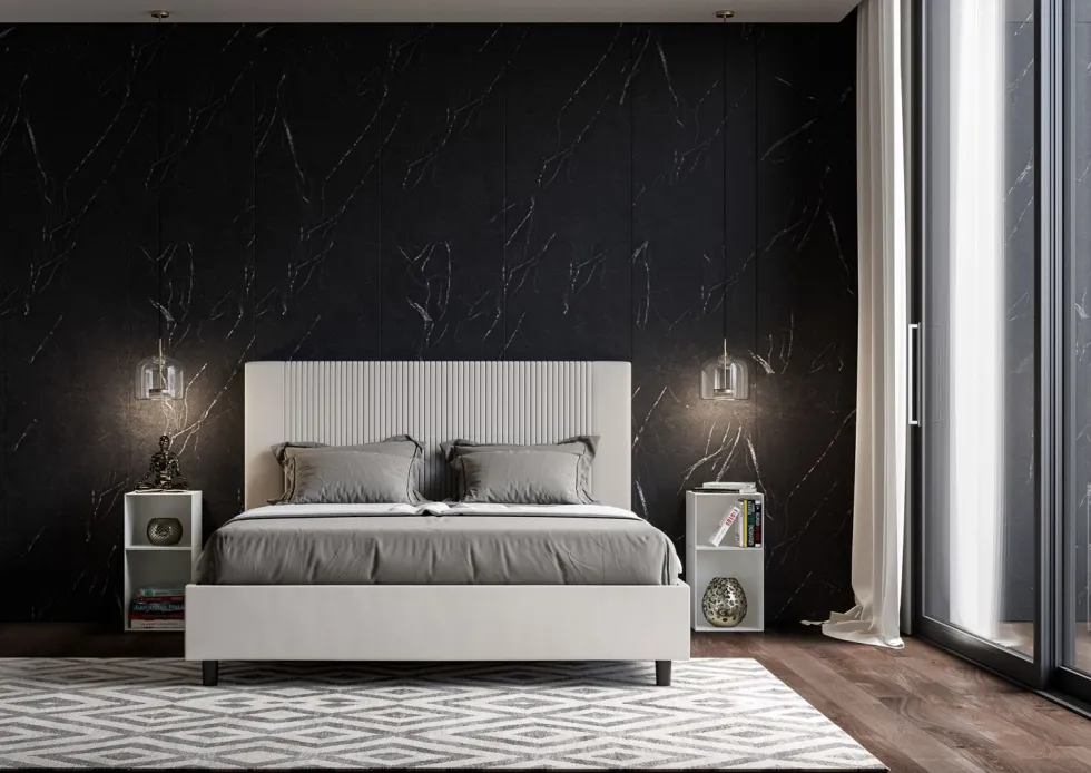 Letto 140x190cm contenitore francese con testiera a linee verticali bianco LIT318