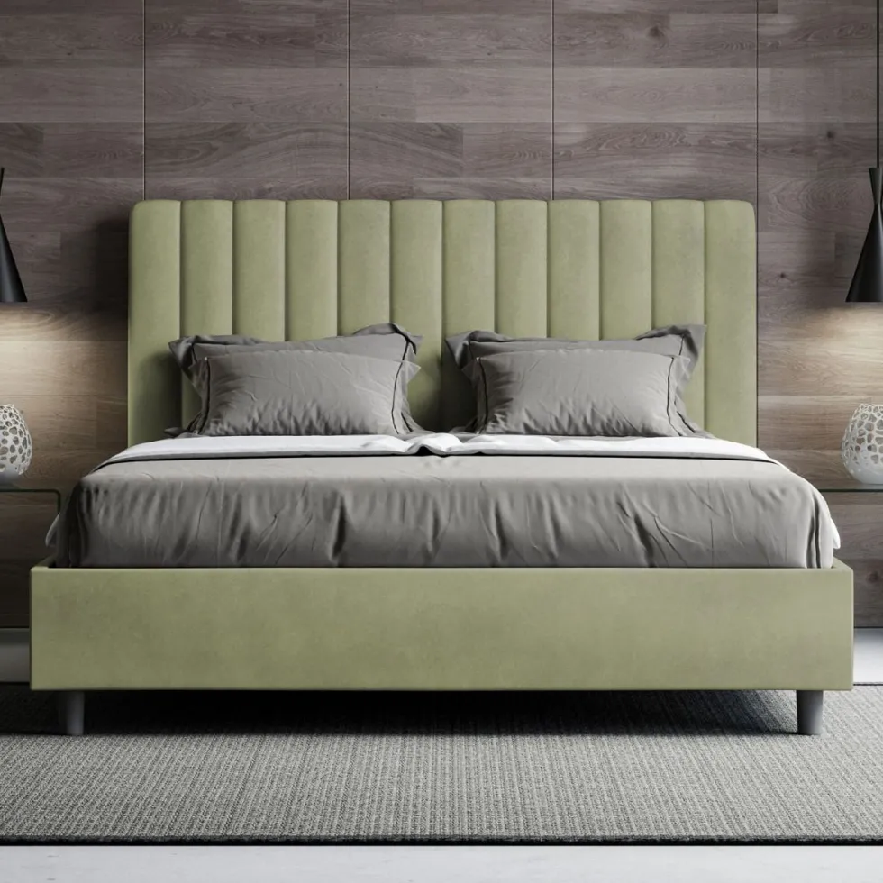 Letto 140x210cm contenitore francese con testiera trapuntata in microfibra tè verde LIT334