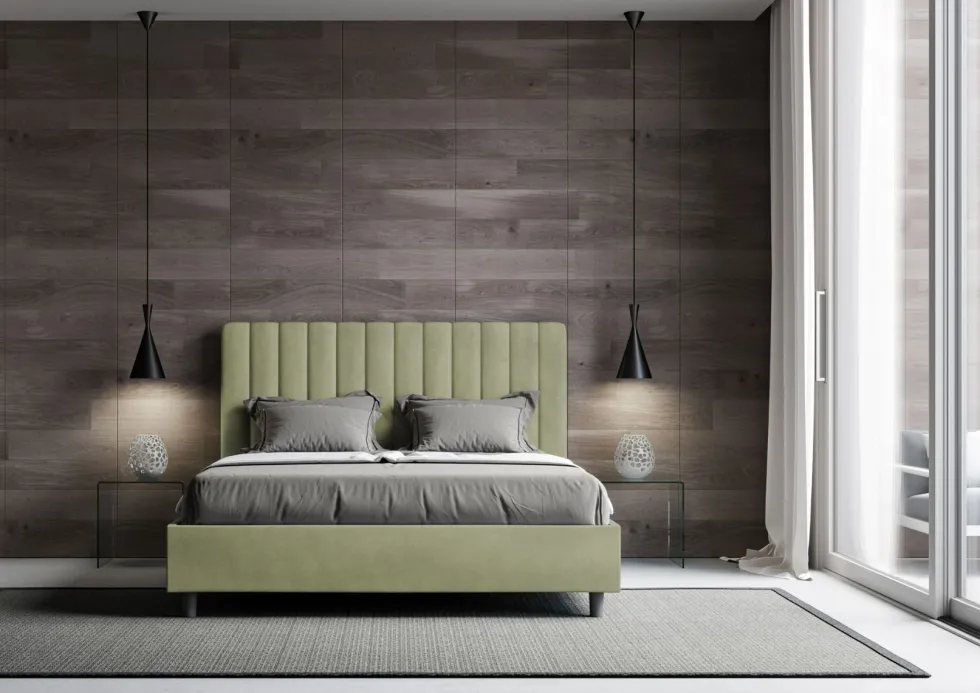 Letto 140x210cm contenitore francese con testiera trapuntata in microfibra tè verde LIT334