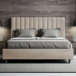 Letto 140x210cm contenitore francese con testiera trapuntata in microfibra sabbia beige LIT334