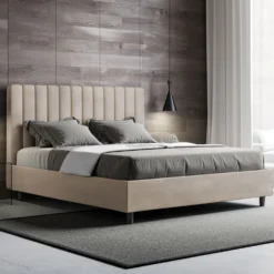 Letto 140x210cm contenitore francese con testiera trapuntata in microfibra sabbia beige LIT334