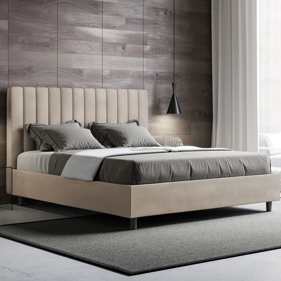 Letto 140x210cm contenitore francese con testiera trapuntata in microfibra sabbia beige LIT334