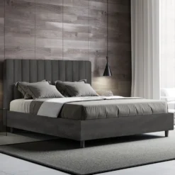 Letto 140x210cm contenitore francese con testiera trapuntata in microfibra grigio LIT334