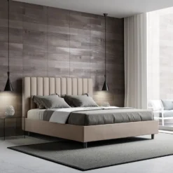 Letto 140x210cm contenitore francese con testiera trapuntata in similpelle tortora LIT332