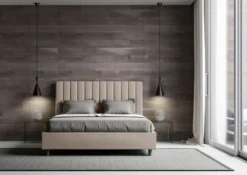 Letto 140x210cm contenitore francese con testiera trapuntata in similpelle tortora LIT332
