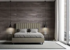 Letto 140x210cm contenitore francese con testiera trapuntata in similpelle cappuccino LIT332