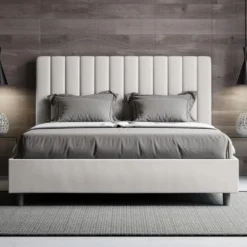 Letto 140x210cm contenitore francese con testiera trapuntata in similpelle bianco LIT332