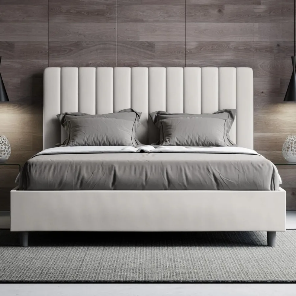 Letto 140x210cm contenitore francese con testiera trapuntata in similpelle bianco LIT332