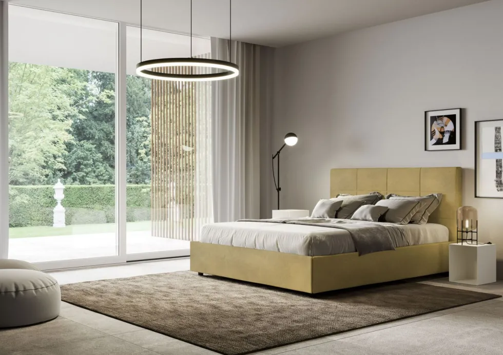 Letto 140x200cm contenitore francese con giroletto in microfibra ocra LIT294