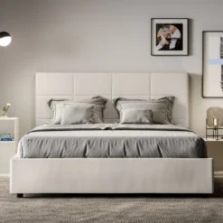 Letto 140x200cm contenitore francese con giroletto in similpelle bianco LIT292