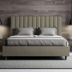 Letto 140x190cm contenitore francese con testiera trapuntata in similpelle cappuccino LIT324