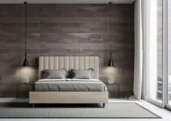 Letto 140x190cm contenitore francese con testiera trapuntata in microfibra sabbia beige LIT326