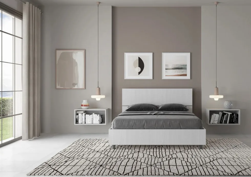 Letto 140x200cm contenitore francese testiera inclinata bianco frassino LIT346