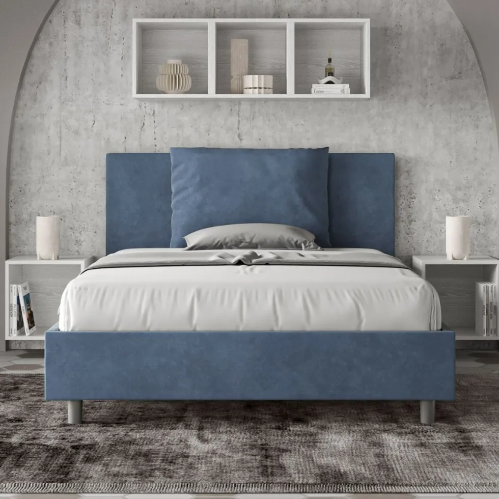 Letto 140x190cm contenitore francese giroletto imbottito in microfibra blu LIT276