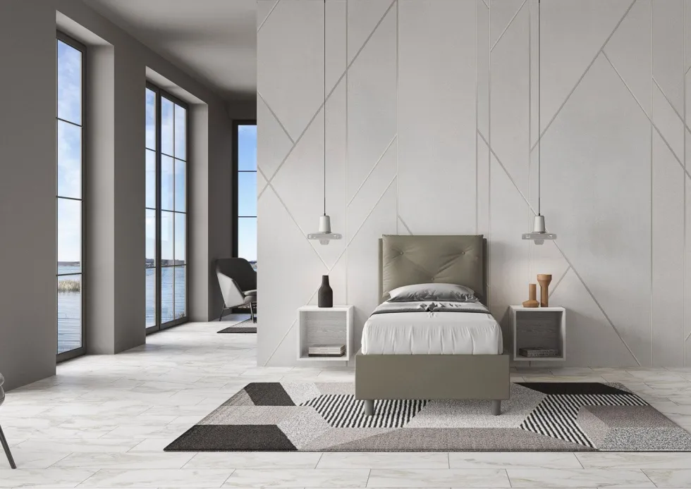 Letto 80x200cm contenitore singolo con tre bottoni in similpelle cappuccino LIT48