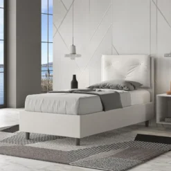 Letto 80x200cm contenitore singolo con tre bottoni in similpelle bianco LIT48
