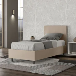 Letto 80x200cm contenitore singolo con testiera liscia in similpelle tortora LIT18
