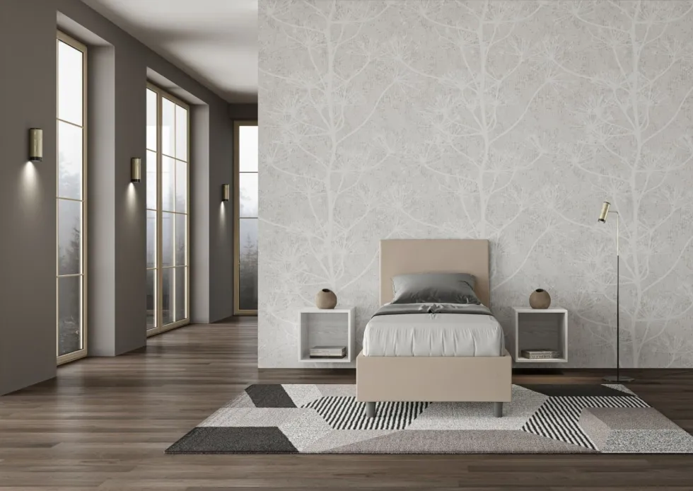 Letto 80x200cm contenitore singolo con testiera liscia in similpelle tortora LIT18