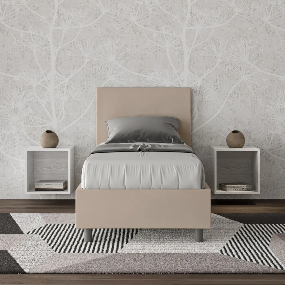 Letto 80x200cm contenitore singolo con testiera liscia in similpelle tortora LIT18