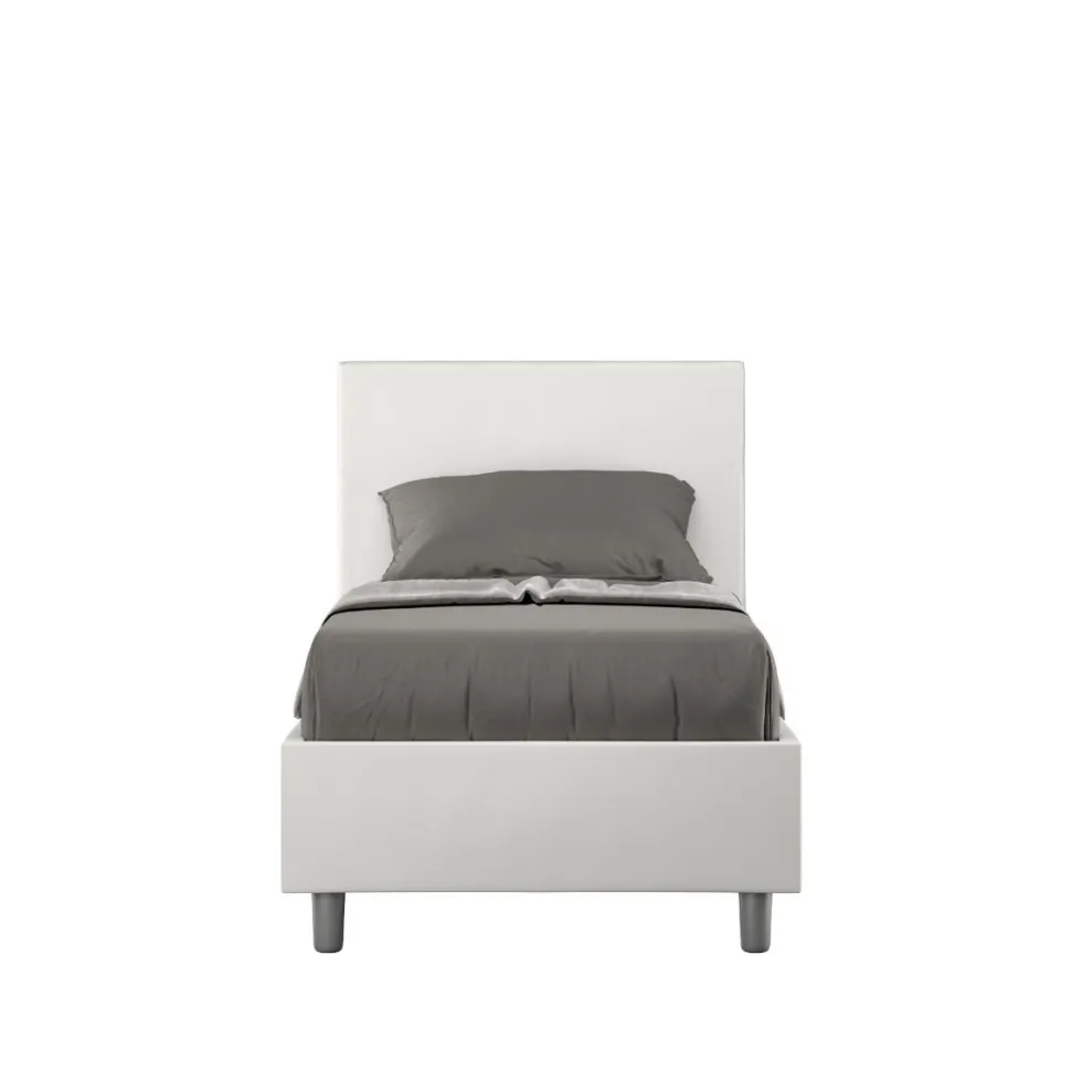 Letto 80x200cm contenitore singolo con testiera liscia in similpelle bianco LIT18