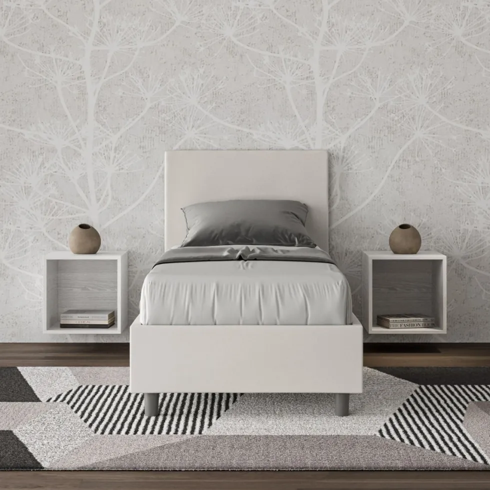 Letto 80x200cm contenitore singolo con testiera liscia in similpelle bianco LIT18
