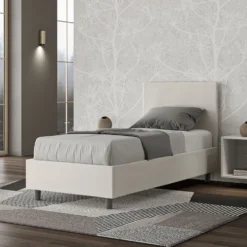 Letto 80x200cm contenitore singolo con testiera liscia in similpelle bianco LIT18