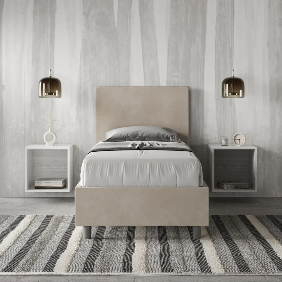 Letto 80x200cm contenitore singolo con testiera liscia in microfibra sabbia beige LIT20