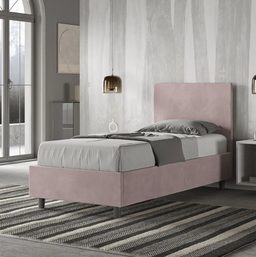 Letto 80x200cm contenitore singolo con testiera liscia in microfibra glicine lilla LIT20