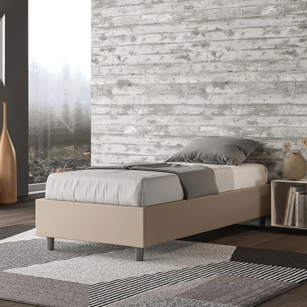 Letto 80x210cm contenitore singolo sommier in similpelle tortora LIT10