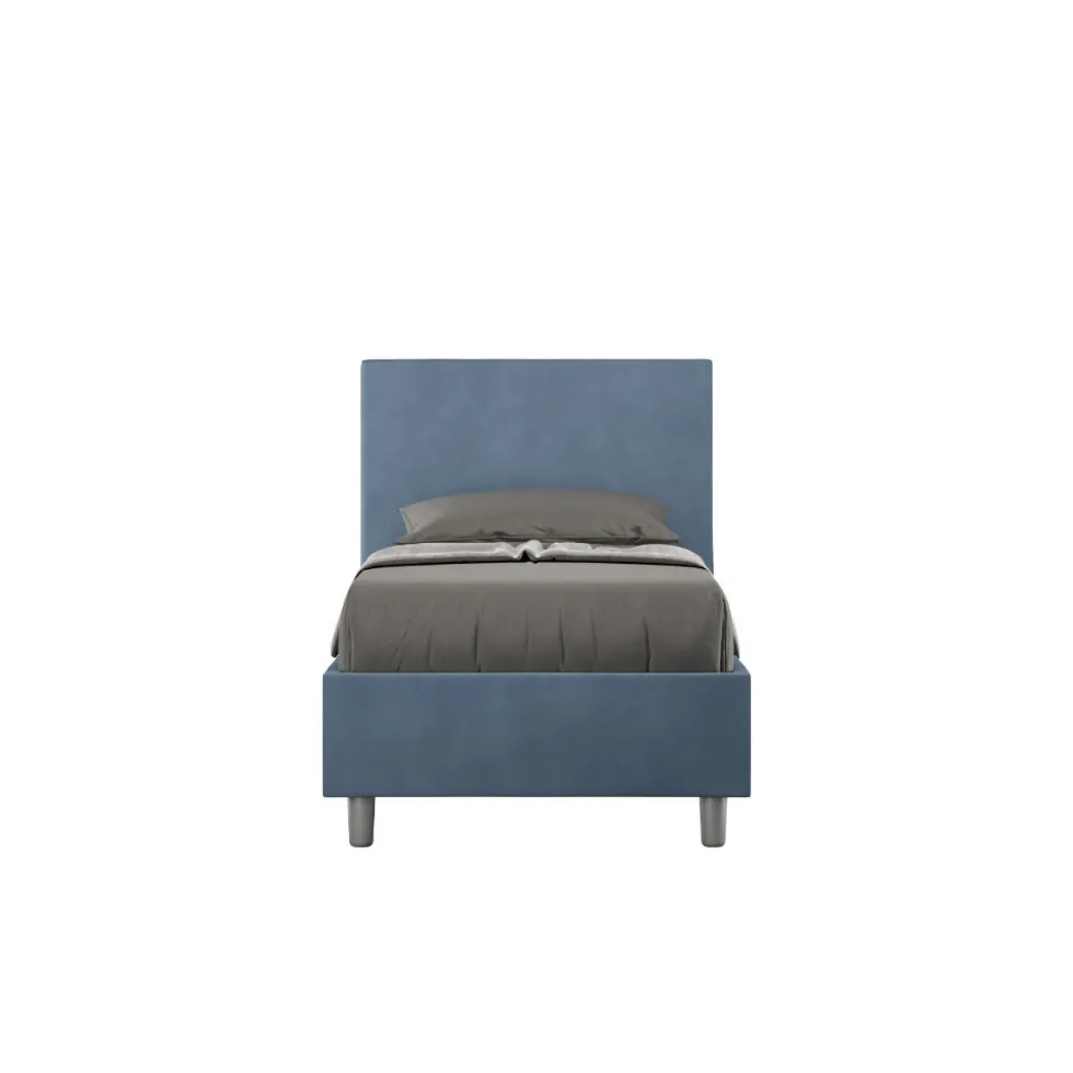 Letto 80x200cm contenitore singolo con testiera liscia in microfibra blu LIT20