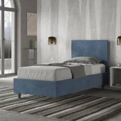 Letto 80x200cm contenitore singolo con testiera liscia in microfibra blu LIT20