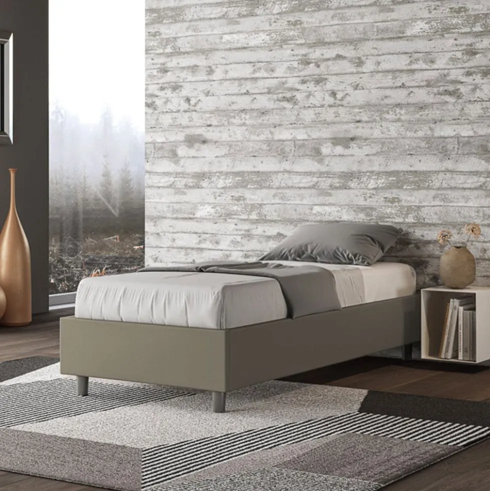 Letto 80x210cm contenitore singolo sommier in similpelle cappuccino LIT10