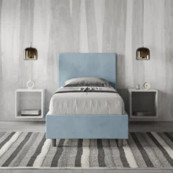 Letto 80x200cm contenitore singolo con testiera liscia in microfibra azzurro LIT20