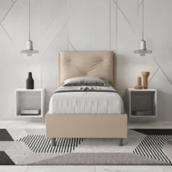 Letto 80x210cm contenitore singolo con tre bottoni in similpelle tortora LIT52