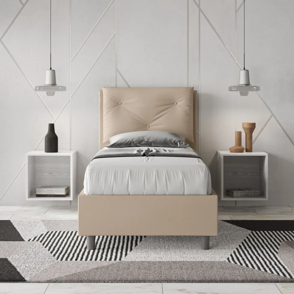 Letto 80x210cm contenitore singolo con tre bottoni in similpelle tortora LIT52