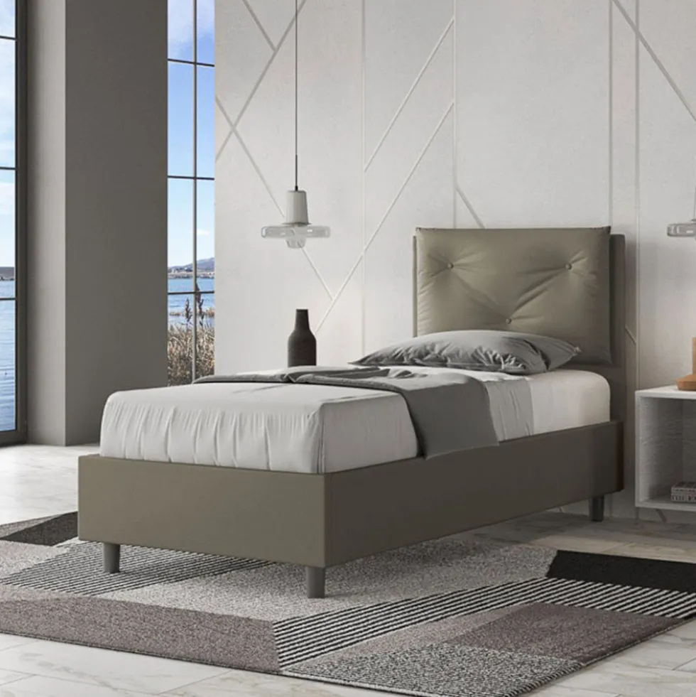 Letto 80x210cm contenitore singolo con tre bottoni in similpelle cappuccino LIT52