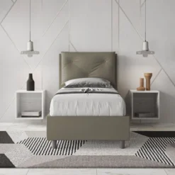 Letto 80x210cm contenitore singolo con tre bottoni in similpelle cappuccino LIT52