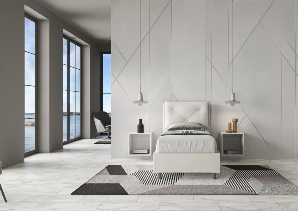 Letto 80x210cm contenitore singolo con tre bottoni in similpelle bianco LIT52