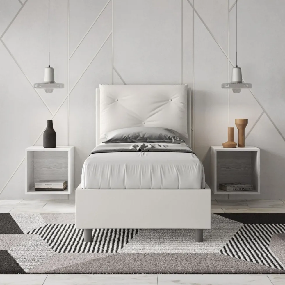 Letto 80x210cm contenitore singolo con tre bottoni in similpelle bianco LIT52