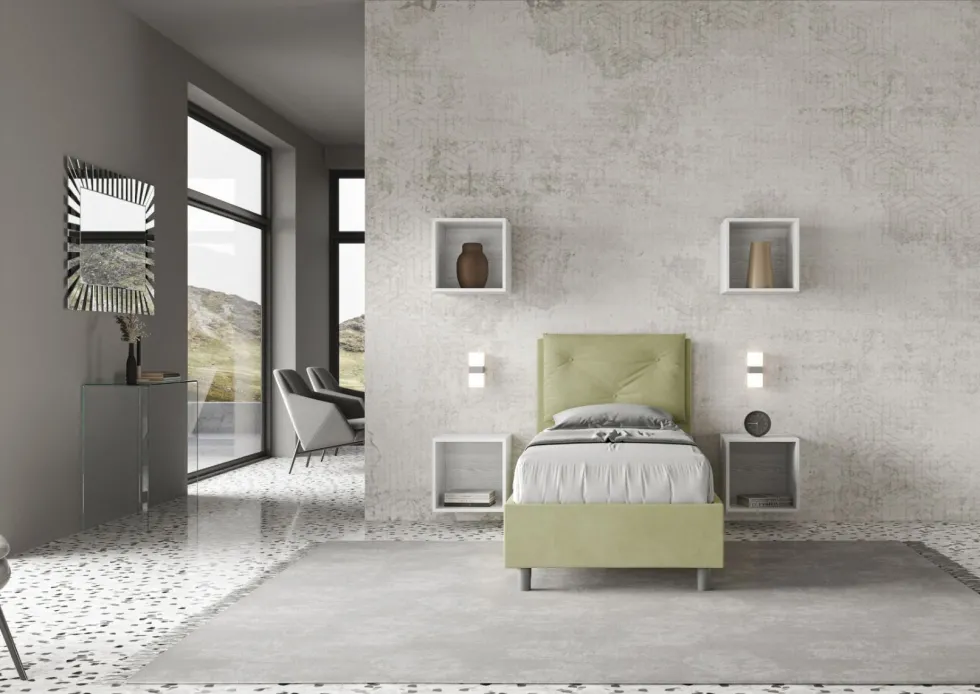 Letto 80x190cm contenitore singolo con tre bottoni in microfibra tè verde LIT46