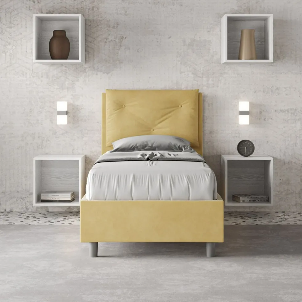 Letto 80x200cm contenitore singolo con tre bottoni in microfibra ocra LIT50