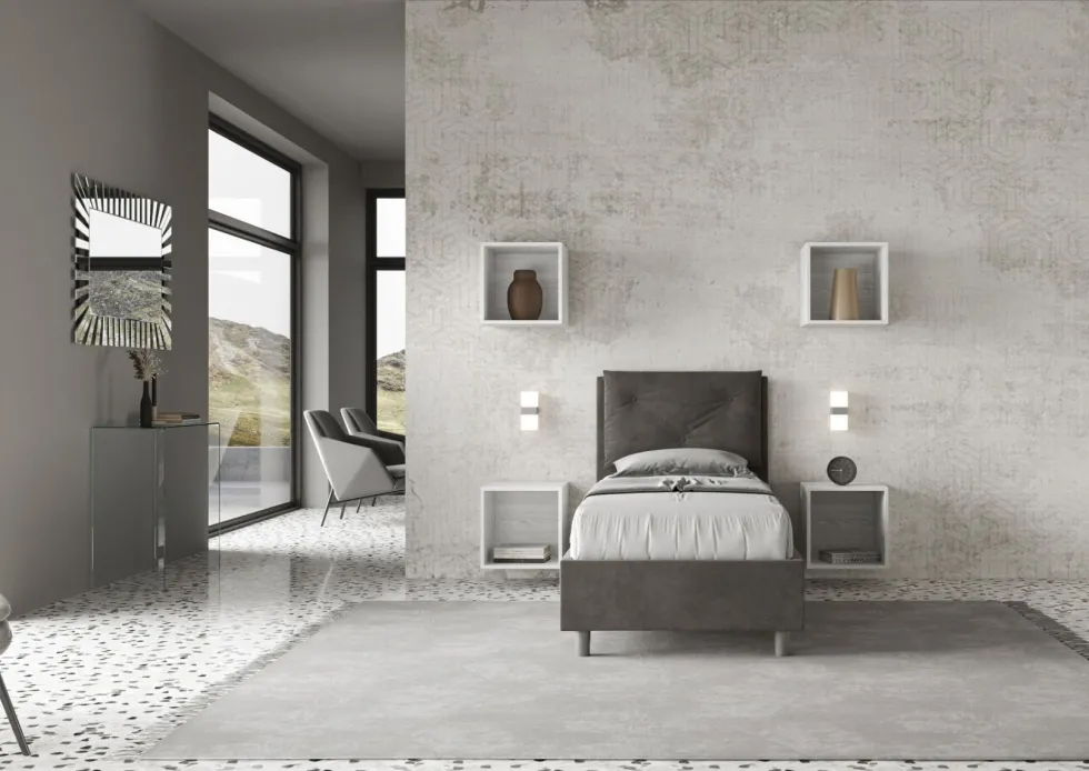 Letto 80x200cm contenitore singolo con tre bottoni in microfibra grigio LIT50