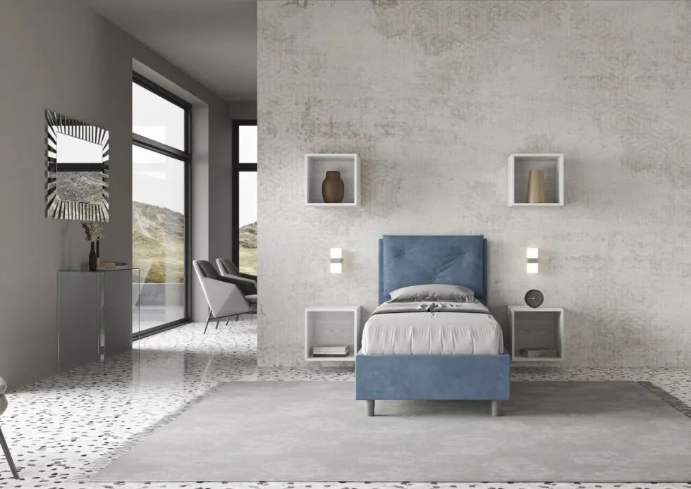 Letto 80x200cm contenitore singolo con tre bottoni in microfibra blu LIT50